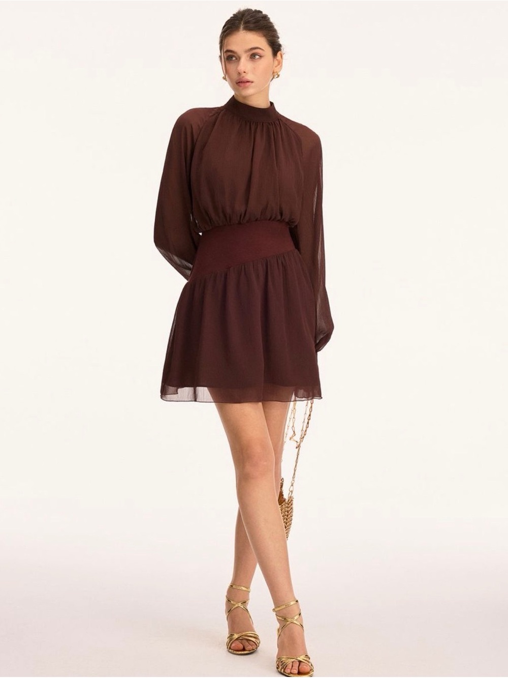 Commense Mock-Neck Waist Clinching Chiffon Mini Dress